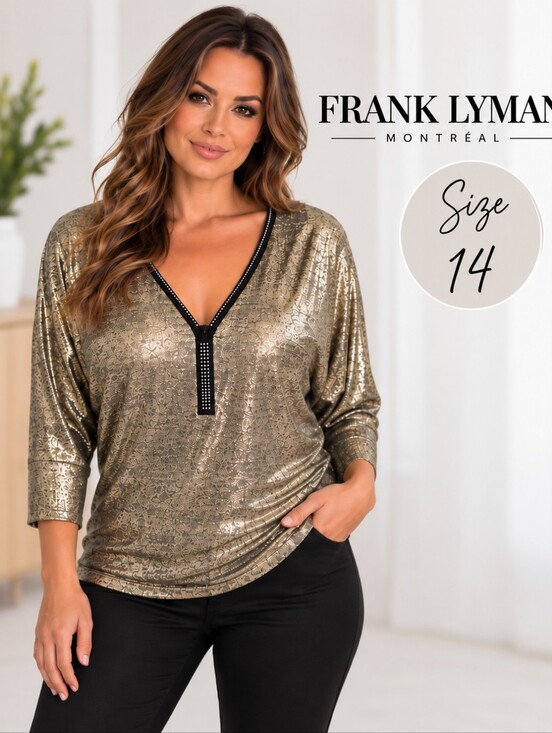 Frank Lyman Design Tops - Frank Lyman Gold Metallic Rhinestone V-Neck Top – Size 14 ✨